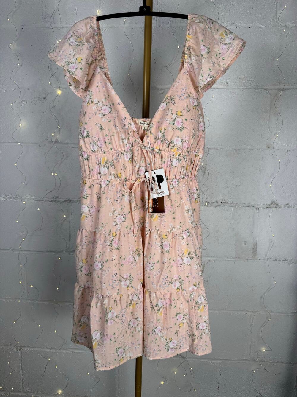 Rachel Paige Floral Midi Dress Size L Pink Ruffle Sleeve Padded Lined